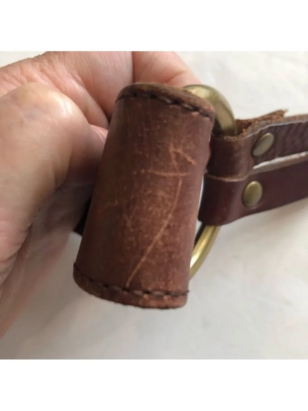 Fossil Size S vintage brown leather belt. Double strap ring closure studded